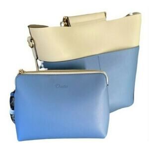 OSATTIA 2 pc Set Blue Color Block Tote Shoulder Bag With Wristlet